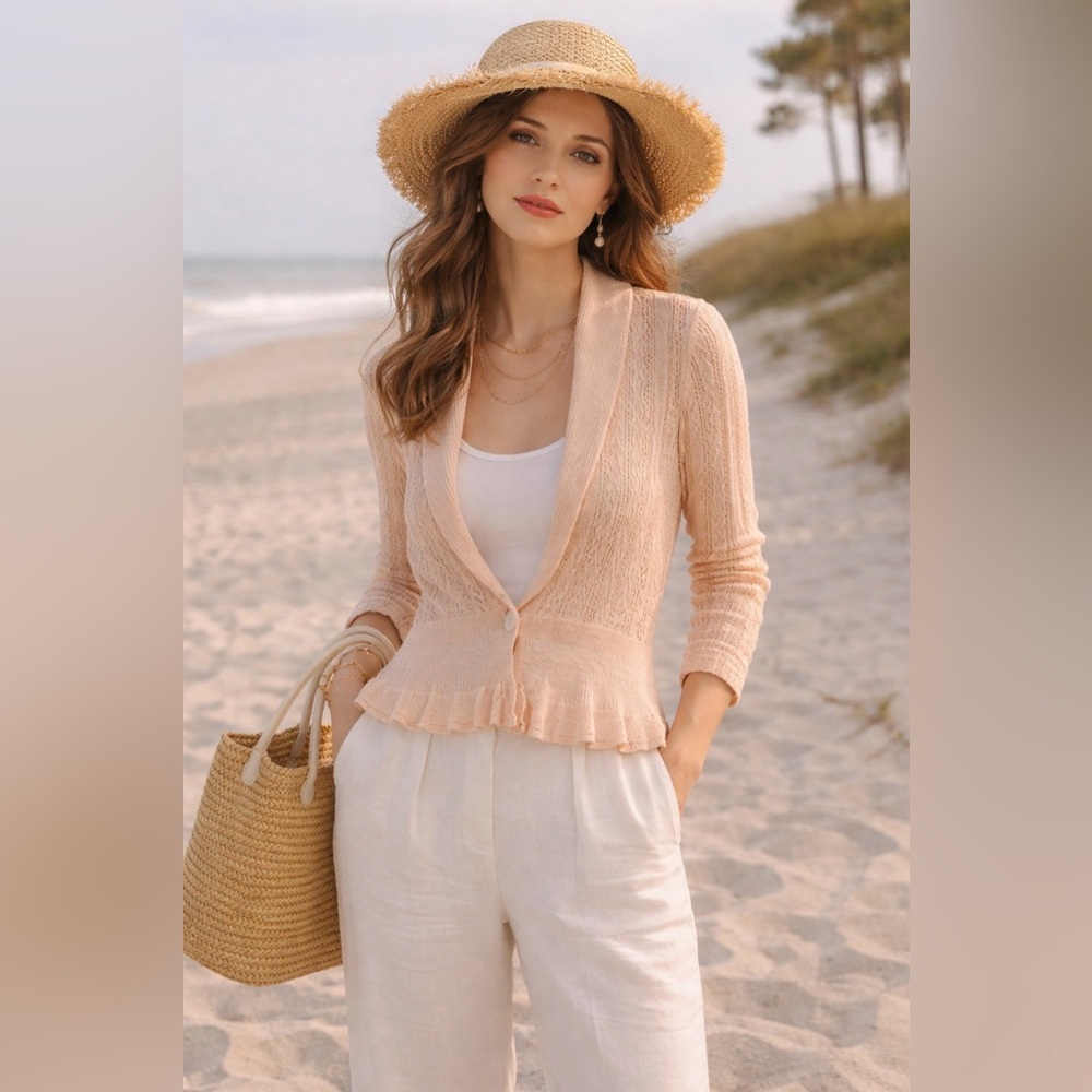 Lauren Ralph Lauren 100% Linen Cardigan Size Large Pink Ruffles Open Knit Dainty
